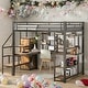 preview thumbnail 1 of 7, Full Size Loft Bed with Built-in Desk and Storage Staircase, Metal Kids Bed Frame with Small Wardrobe and Storage Shelves, Black Black