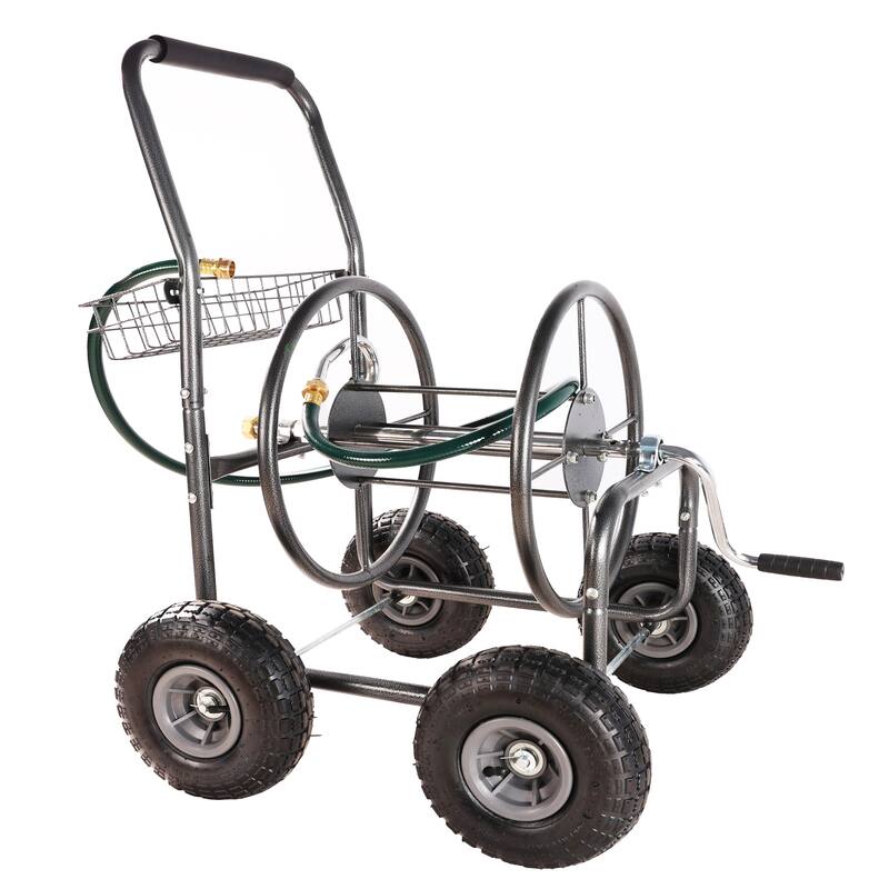 Hose Reel Cart with 4 Wheels, Foam-Padded Handle, Storage Basket, and Weather-Resistant Coating - ABS+Rubber+Steel (Q235)
