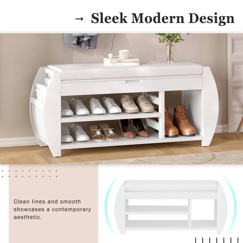 Shoe Bench 2-Tier Storage Bench with Cushion & Curved Side Holder, Wooden Panel Shoe Rack Organizer for Entryway, Living Room