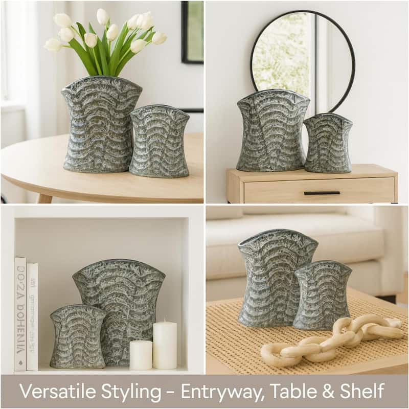 Set of Two Curved Cylinder Ceramic Vases Black and Gray Modern Home XL