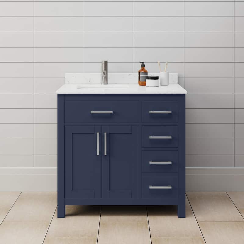 Wyndham Collection WCG242436S-UNSMXX Beckett 36" Free Standing Single - Dark Blue / Carrara Cultured Marble Top / Brushed