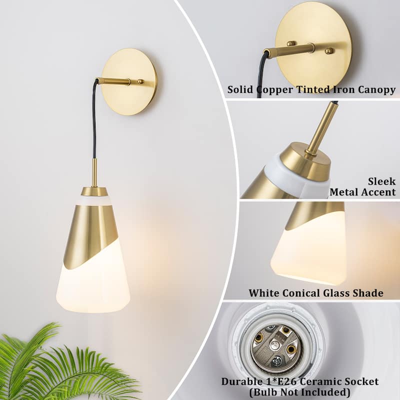 1-Light Brushed Gold Swing Arm Wall Sconce Cone Opal Glass Modern