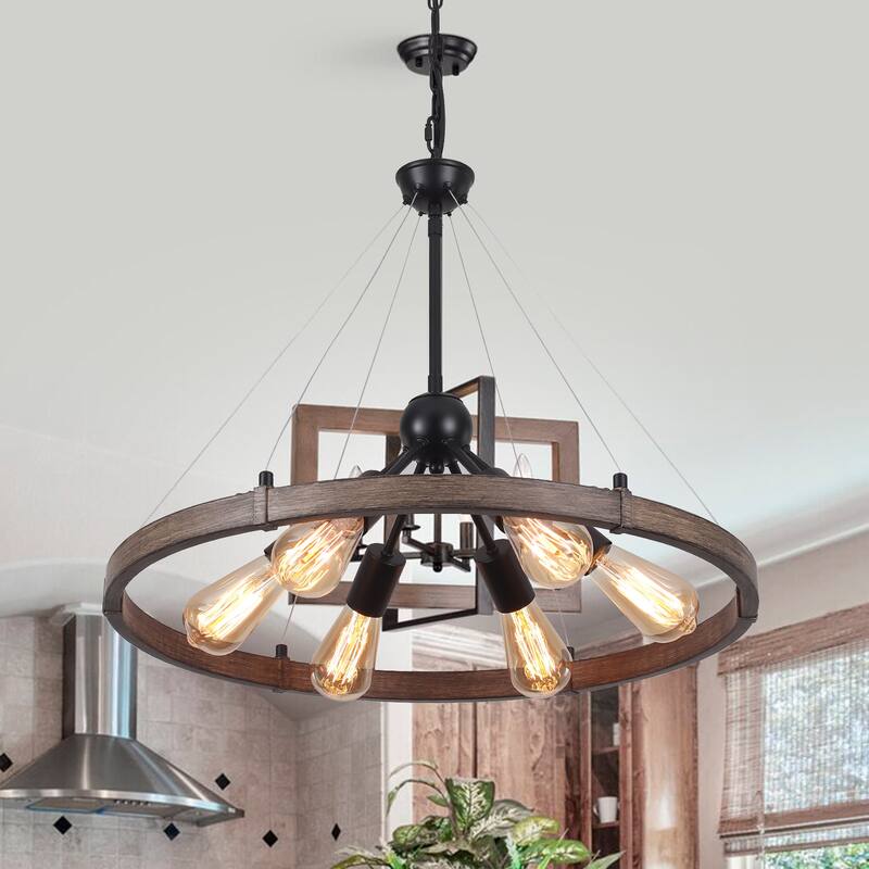 6-Light Dimmable Sputnik Chandelier, Farmhouse Wagon Wheel Chandelier for Dining Room Living Room Bedroom Kitchen