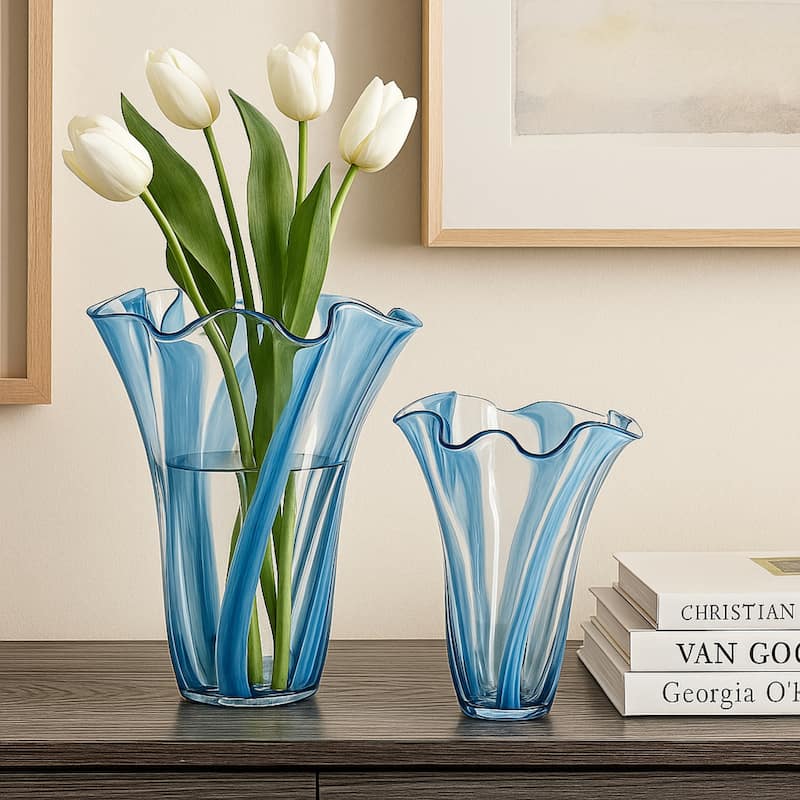 Blue Striped Handblown Glass Set of Two Scalloped Edge Vases