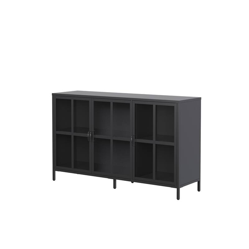Berlinde 33.52-inch Black Three Door Metal Sideboard with Clear Doors - 55.2