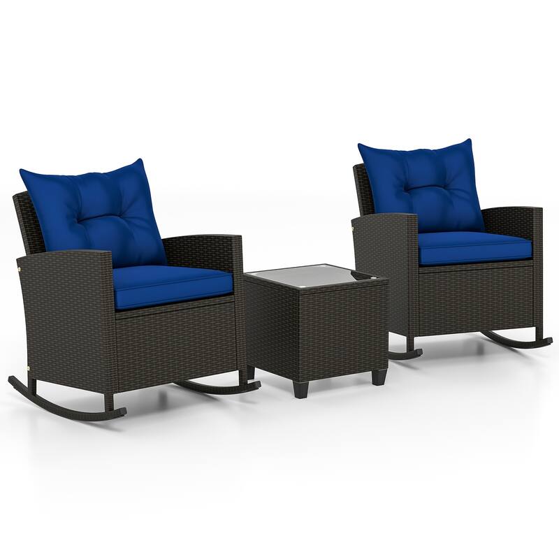 3-Pieces Patio Rattan Roker Chairs with Tufted Soft Cushions and Square Tempered Glass Table - 31.5" x 26" x 31.5" - Navy