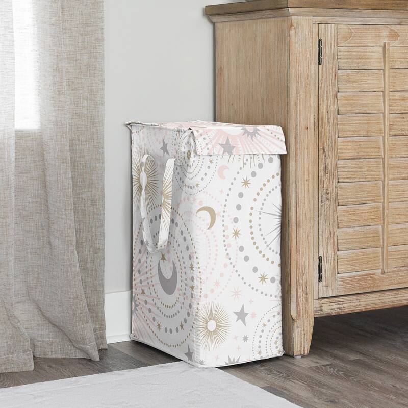 Sweet Jojo Designs Blush Pink Gold Star Moon Girl Foldable Laundry Hamper with Handles Grey Celestial Sky Stars Gray Shabby Chic