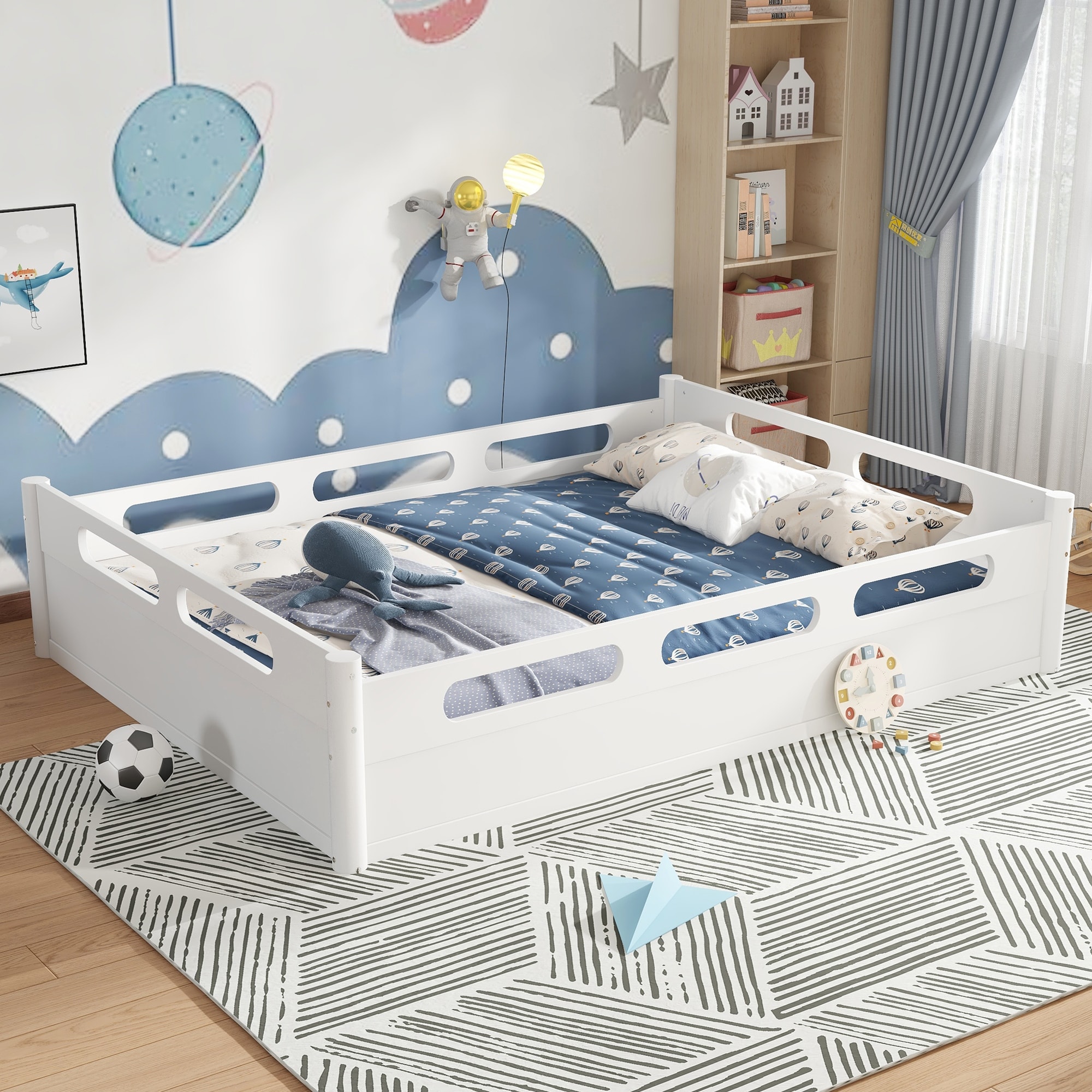 Queen Size Floor Platform Bed with Full-length Guardrails,Low Profile Bed Frame with Wood Slats Support,No Box Spring Needed