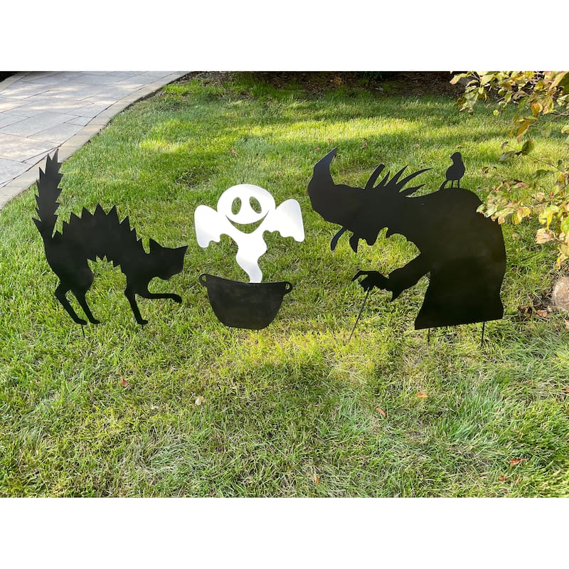 30" Metal Black Silhouette Halloween Figures Yard Stake, Set of 3