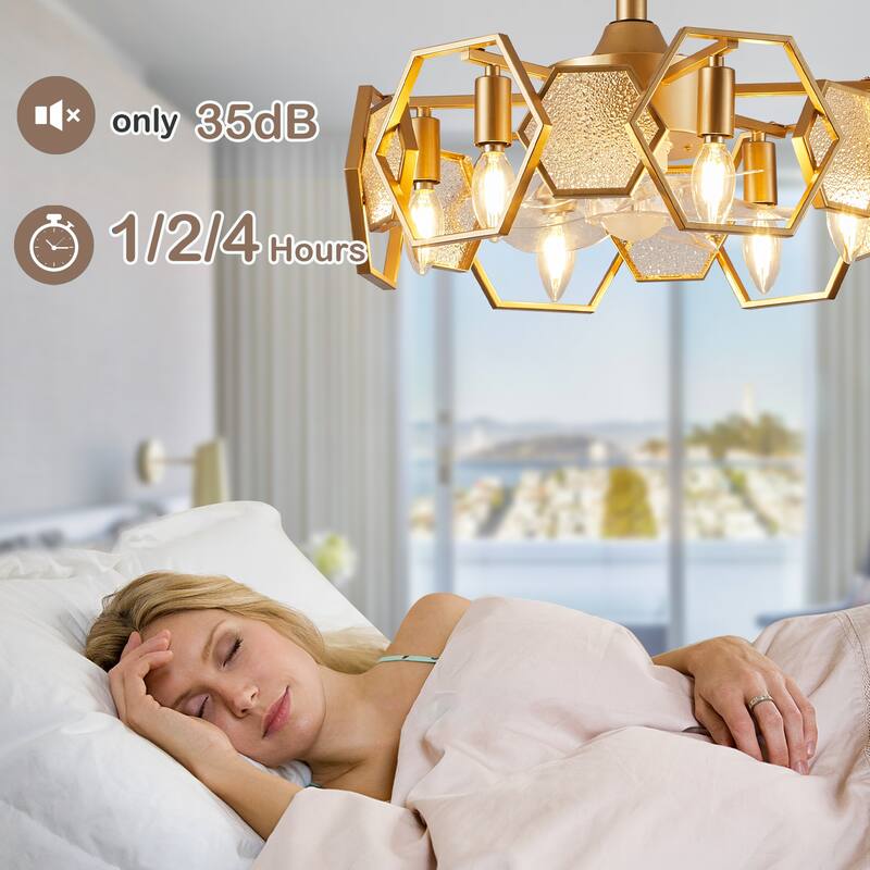 CurveCurio 20" Chandelier Ceiling Fan w Textured Glass Accent, 6 Lights Quiet DC Motor 6 Speed w Remote Control