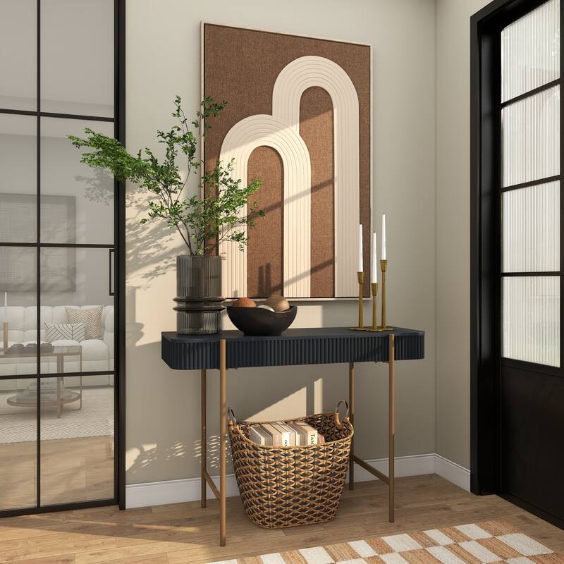 Black Wooden Rounded Rectangular Ribbed Living Room Console Table with Gold Metal Legs