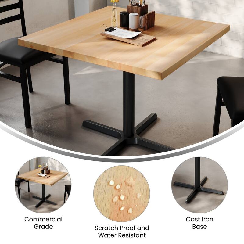 Square Solid Wood Commercial Tabletop with 30" x 30" Dining Height X-Base - 36"W x 36"D x 29.5"H