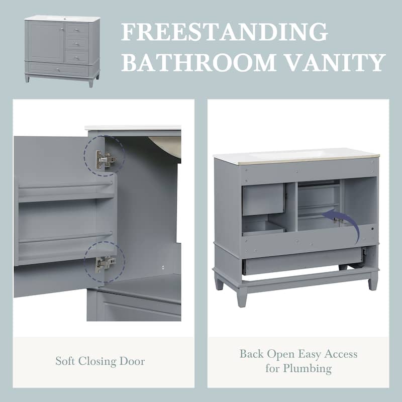 36" Bathroom Vanity with Sink, Freestanding Cabinet with Drawers and Shelves, Ceramic Top, Painted Wood Base