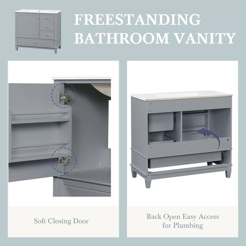 Roomfitters 36" Bathroom Vanity with Ceramic Sink, Solid Wood Frame, 3 Drawers & Soft-Close Door with Racks