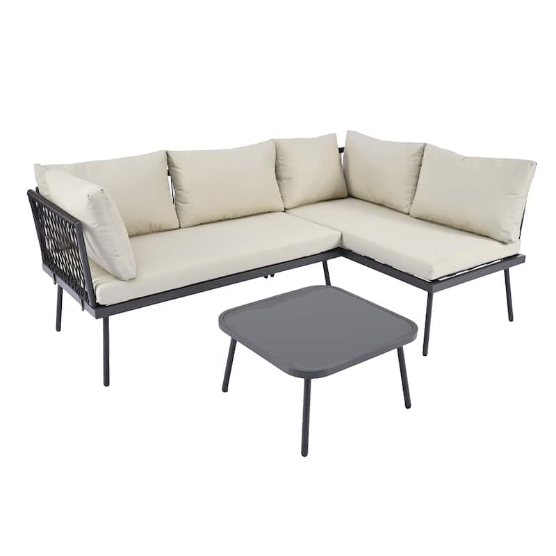 Modern Outdoor 3-Piece PE Rattan Sectional Sofa Set with Cushions and Glass Table