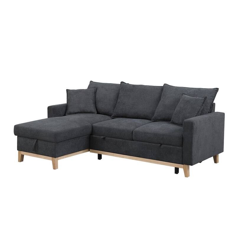 84.25" Dark Gray Reversible Sleeper Sectional Sofa w/ Storage Chaise, 57x84x35 inches, 181 pounds