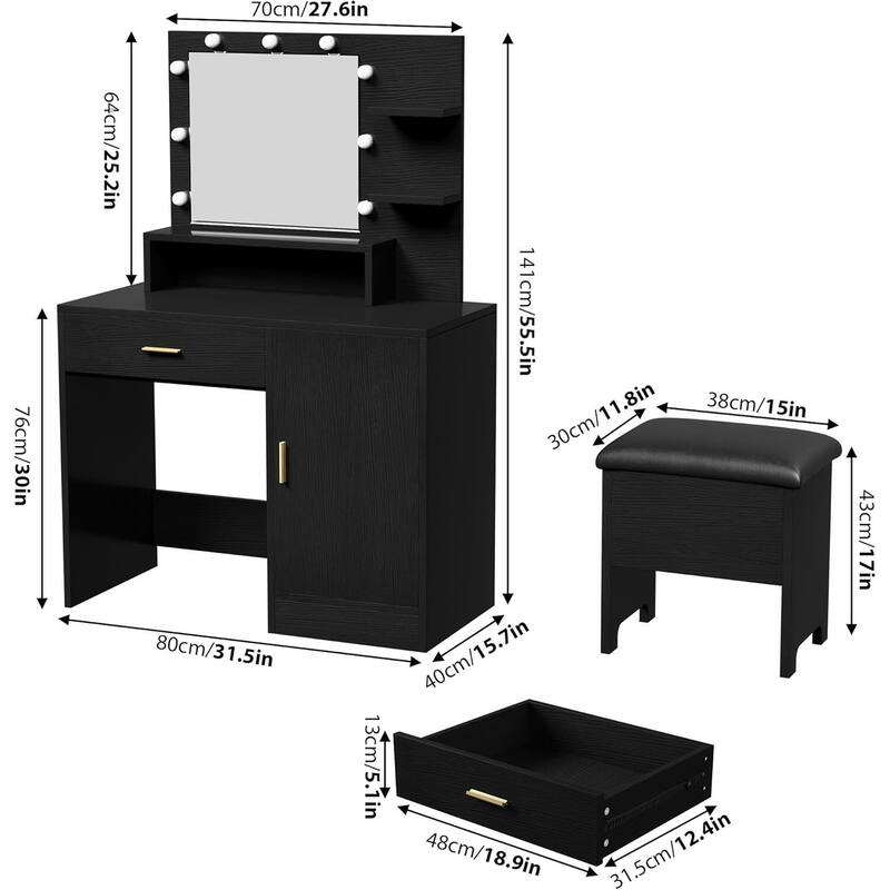 Vanity Desk, Makeup Vanity Desk with Mirror 9 LED Light Bulbs