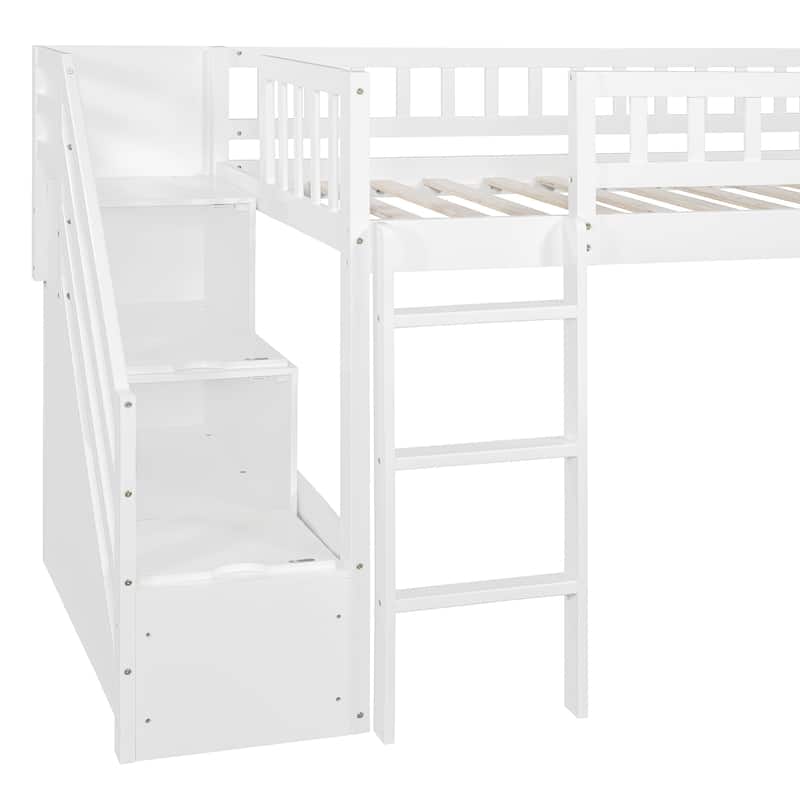 All-in-one Loft Bed Built-in Ladder Wood Frame Loft Bed with Slide, 2 Drawers, Storage Stairs & Underbed Activity Space for Kids