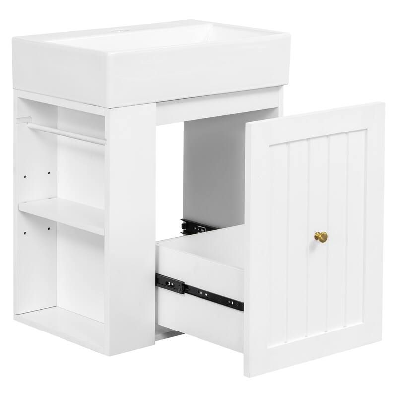 20 Inch Wall-mounted Bathroom Vanity with Ceramic Sink, Floating Bathroom Vanity Cabinet with Side Shelf for Small Bathrooms