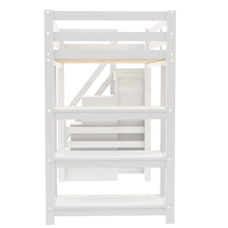 Multifunctionl Loft Bed Storage Wardrobe and Shelves, Wooden Bed Frame with LED Light & Staircase for Kids Teens Adults