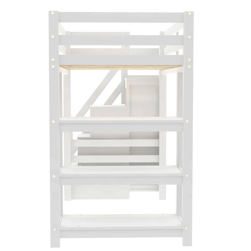 Twin/Full Size LED Loft Bed with Storage Staircase and Wardrobe, Solid Pine Wood High Loftbed Frame with 4 Layer Storage Shelves