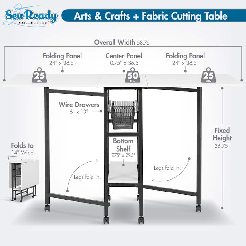 Sew Ready Standing Height (36" H) Mobile Folding Expandable Fabric and Die Cutting Table with Craft Storage- Charcoal / White
