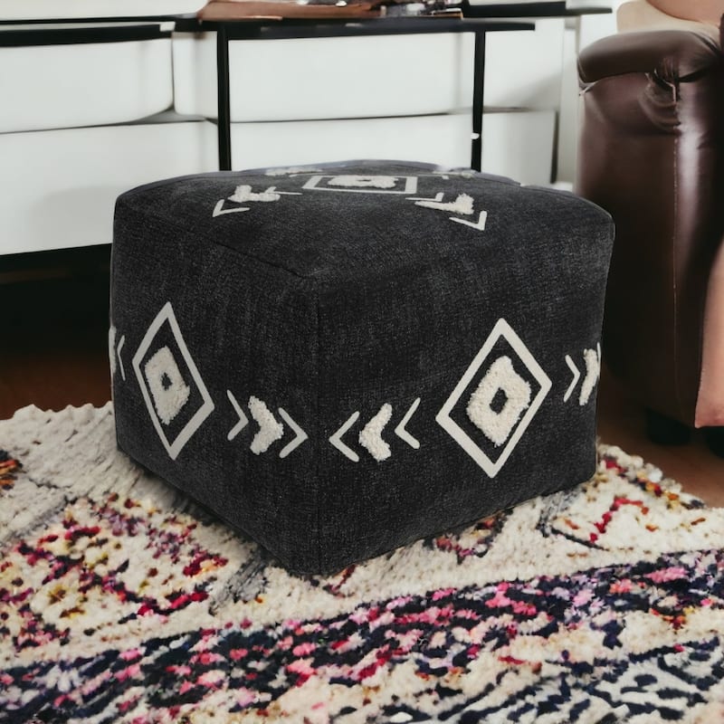18-Inch Black Cotton Pouf Ottoman with Geometric Design for Living Room