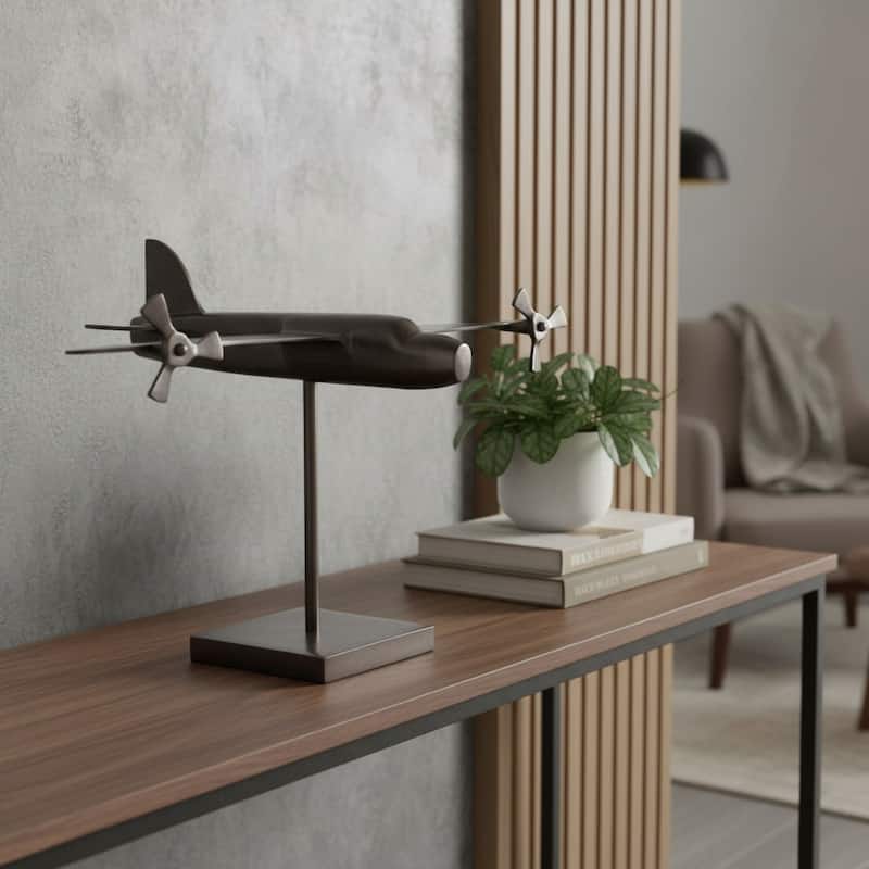 HomeRoots 11" Dark Gray Metal Airplane Bomber Tabletop Sculpture - 16.00 in. x 11.00 in. x 12.00 in. - 16.00 in. x 11.00 in.  x 12.00 in. - Dark Gray