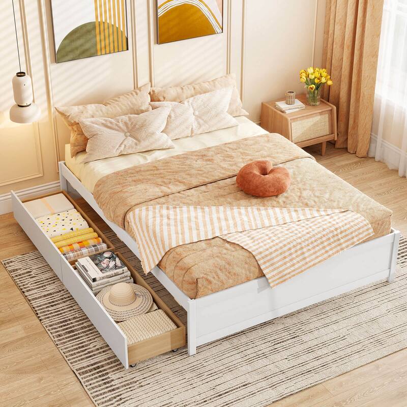 Costway Full/Queen Size Wooden Platform Bed with 2 Rolling Storage