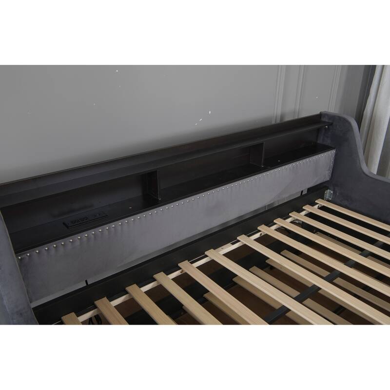 Twin Upholstered Daybed with Trundle, Velvet Day Bed with LED Lights & Charging Station
