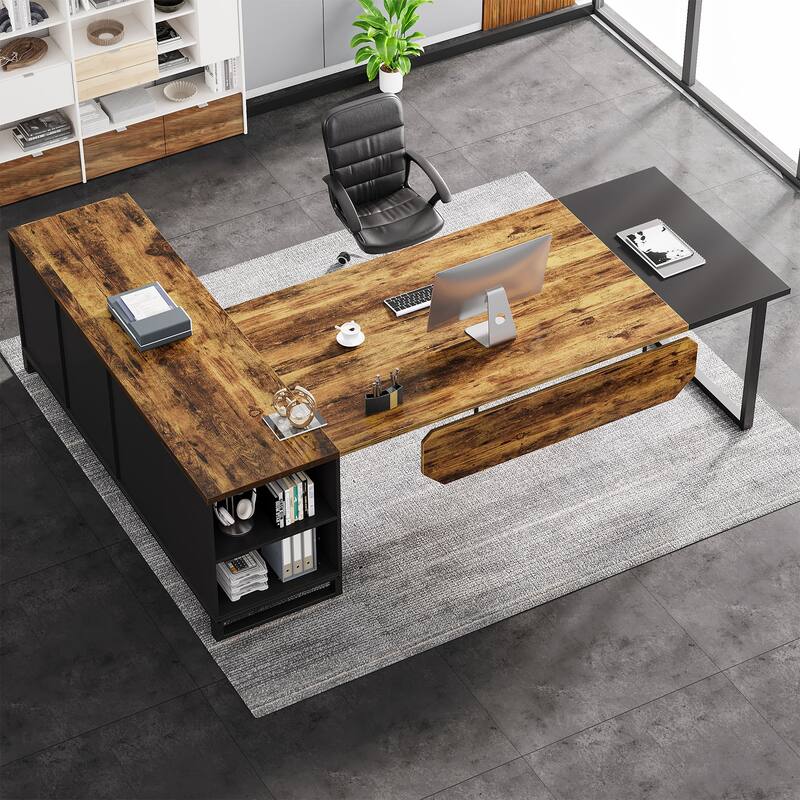 70.8’’ Executive Desk with 55” File Cabinet, Large L-Shaped Office Computer Desk with Storage Shelves and Cabinet