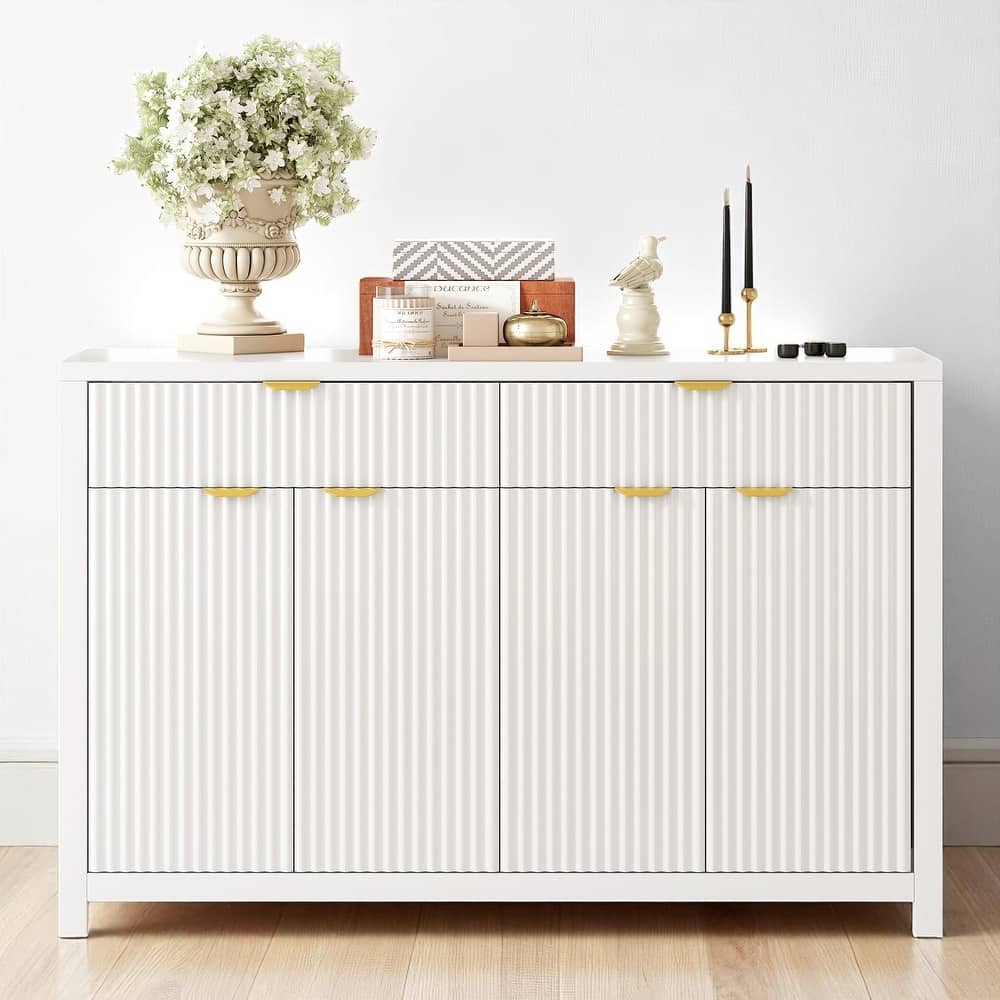 Modern Sideboard Buffet Cabinet with Wave Pattern, 2 Drawers, 4 Doors, Adjustable Shelves, Scandinavian Style