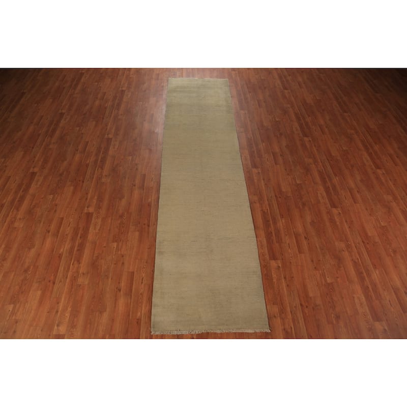 Green Gabbeh Oriental Runner Rug Hand-Knotted Hallway Wool Carpet - 2'8" x 10'9"