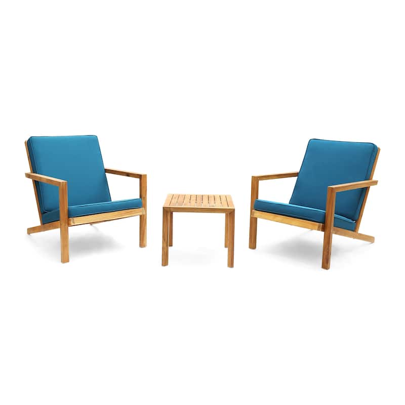 Leah Outdoor 3-piece Acacia Wood Chat Set with Cushions by Christopher Knight Home