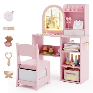 Gymax Kids Vanity Set Princess Girls Makeup Vanity Desk w/ 3-Color LED