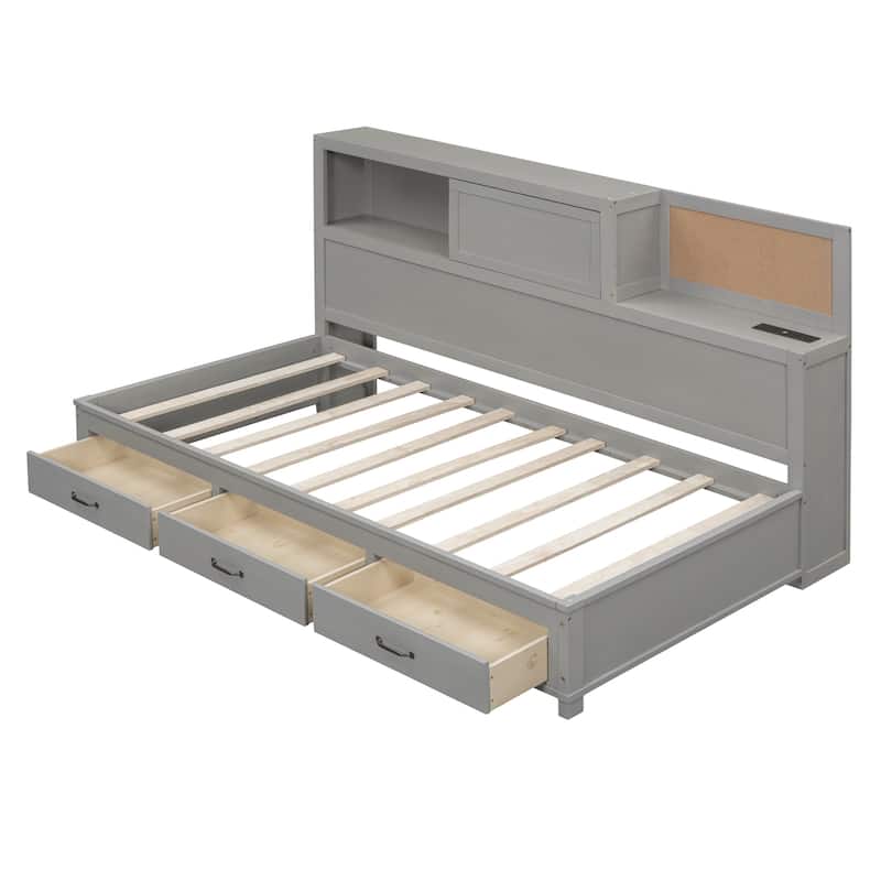 Twin Size Wooden Daybed with 3 Storage Drawers, Upper Soft Board, Pushable Top Shelf and a Set of Sockets and USB Ports