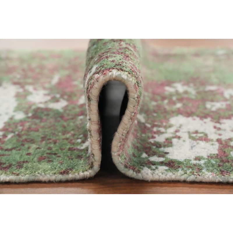 Hand Knotted Oriental Viscose Silk Carpet Modern All-Over Green Abstract Area Rug - 4' 0'' X 2' 0''