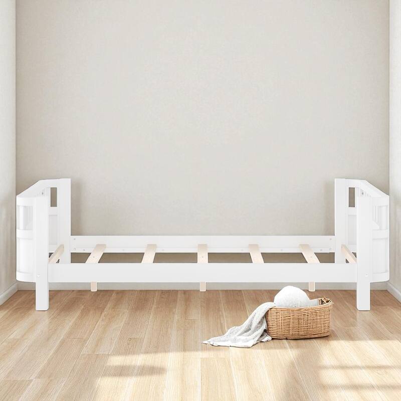 Wood Platform Bed with Guardrails & Detachable Fence, Twin/Full/Twin XL/Queen Size Kids Bed, Safety Design, No Box Spring