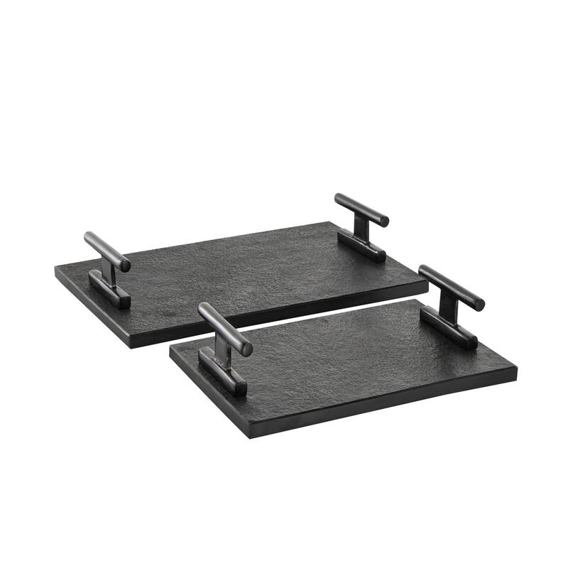 Black Marble Textured Living Room Decor Tray with Silver or Black Rod Handles (Set of 2)