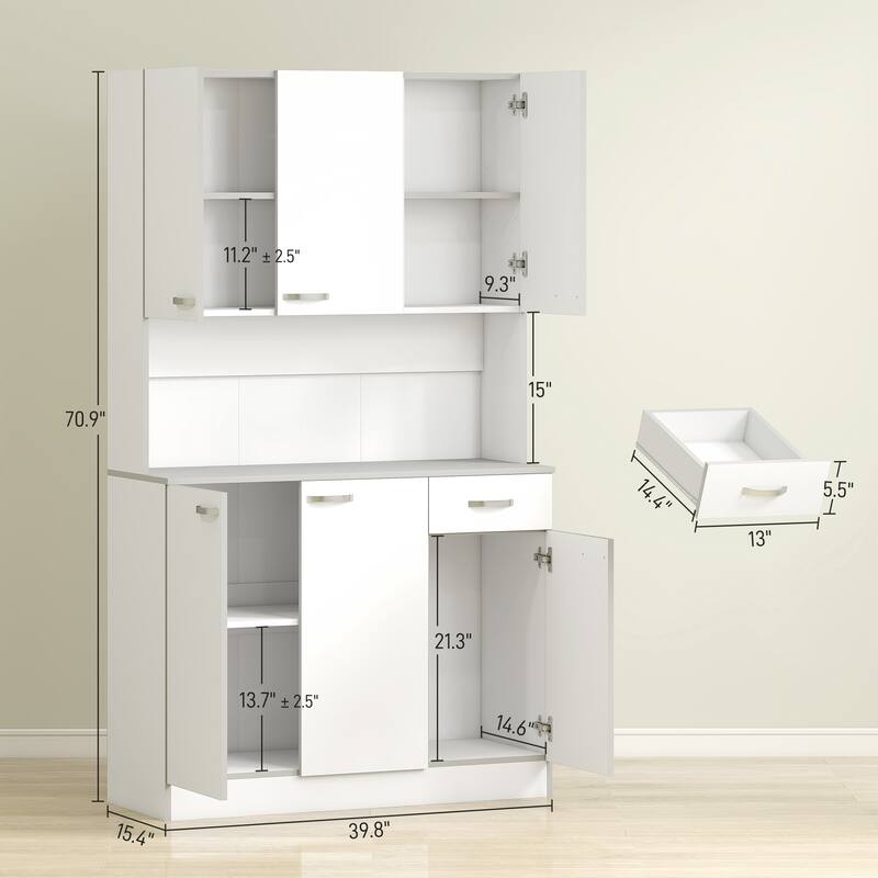 HOMCOM 71" Freestanding Kitchen Buffet Hutch Cupboard with 6 Doors, 3 Adjustable Shelves, and 1 Drawer, White