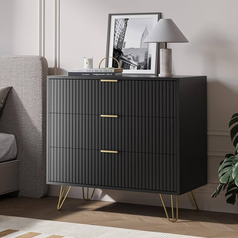 FURNIWAY Fluted Drawer Dresser for Bedroom - Black - 3-drawer