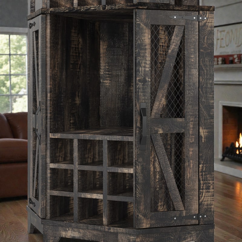 72" Corner Bar Cabinet with Barn Door, Farmhouse Wine Storage Cabinet with Mirror, Glass Rack and Wine Bottle Organizer