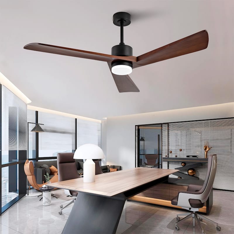 60 Inch Ceiling Fan with Light and Remote, 3 Walnut Solid Wood Blades, Quiet DC Motor, 6-Speed 5000 CFM - Black + Dark Walnut