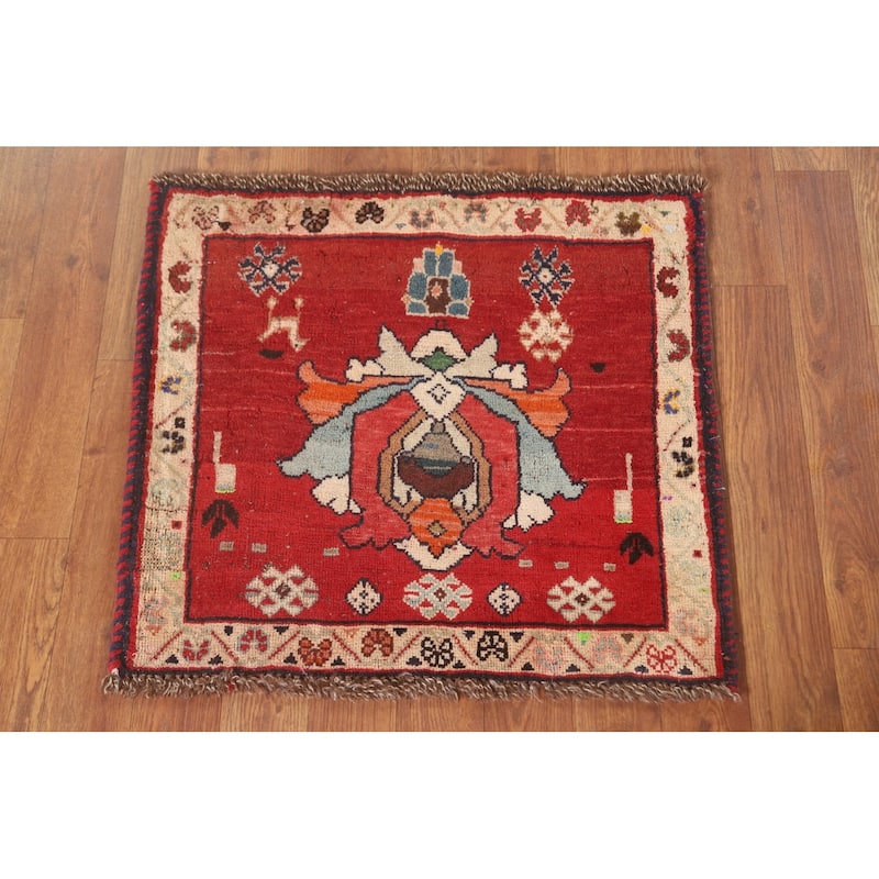 Geometric Red Shiraz Persian Vintage Square Rug Handmade Wool Carpet - 2'0" x 1'10"