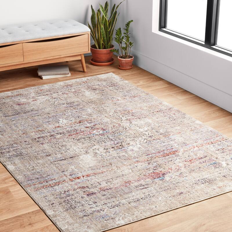 Alexander Home Adrian Distressed Abstract Transitional Area Rug - 5'3" x 7'2" - Beige/ Multi
