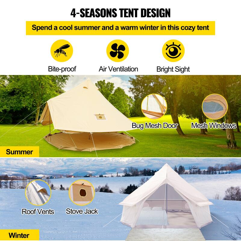 VEVOR Canvas Tent 4 Seasons Breathable 100% Cotton Canvas Yurt Tent - w/Stove Jack