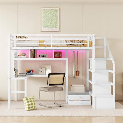 Full Size Metal Loft Bed with LED Light & Charge Station and Wardrobe
