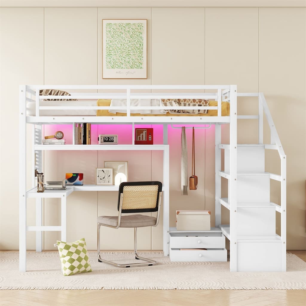 Full Size Metal Loft Bed with LED Light & Charge Station and Wardrobe