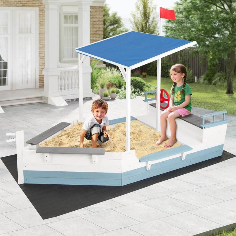 Costway Fir Wood Sandbox with Sloping Canopy Liner Multiple Seats - See Details