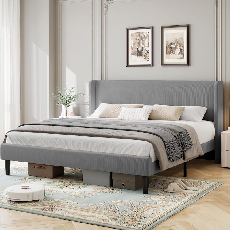 Luxurious Velvet Upholstery Platform Bed with Wingback Headboard, Wooden Slat Support, No Box Spring Need